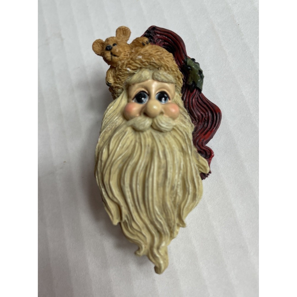 Vintage Resin Santa Claus Brooch Pin St Nick Christmas Wearing Hat w Teddy Bear